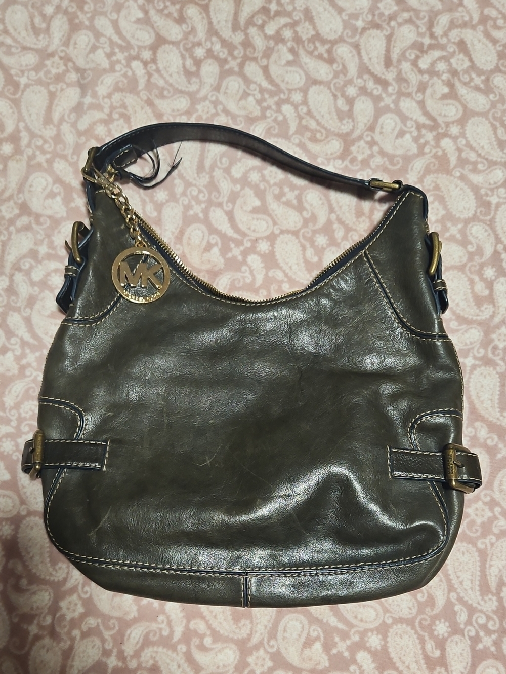 Michael Kors Dark Olive Leather Hobo with Gold-Tone MK Charm